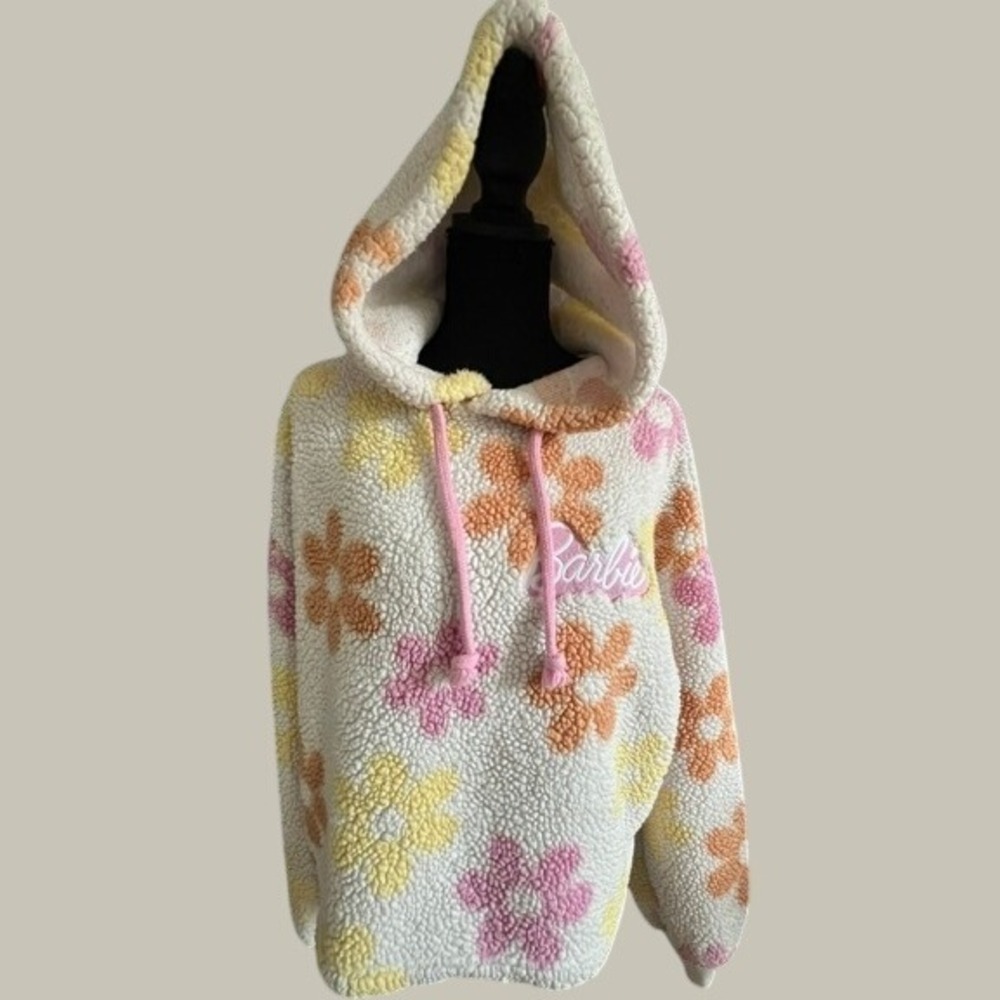 Barbie Grayson Threads Hoodie Womens M Cream Floral Sherpa Fleece Pullover